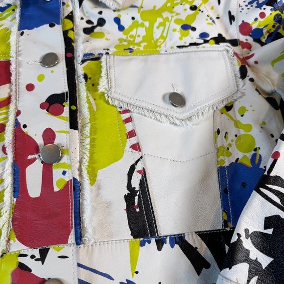 Jkt NYC Colorful Splatter Paint Leather Cropped Fringe Jacket - Picture 5 of 9